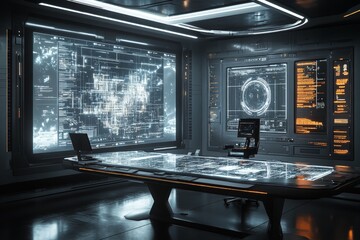 Poster - Futuristic control room with advanced technology and digital displays at late night