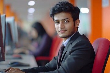 Poster - Young professional working at a computer in a modern office environment during daylight hours