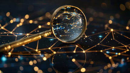 Poster - magnifying glass reflecting starry network of lights, symbolizing exploration and discovery. intricate patterns create sense of wonder and curiosity