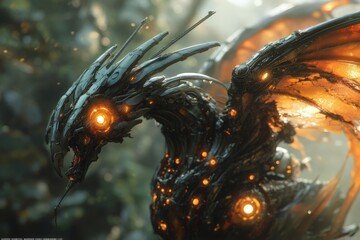 Poster - Futuristic dragon with luminous eyes blends into a lush forest environment during golden hour
