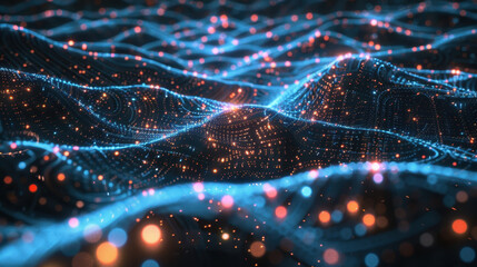 Poster - mesmerizing digital landscape of glowing particles and waves, showcasing vibrant blue and orange lig