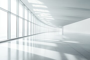 Poster - Modern architectural design featuring curved walls and large windows with sunlight reflecting on the floor