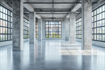 Poster - Large open space with concrete pillars and expansive windows in a modern urban setting