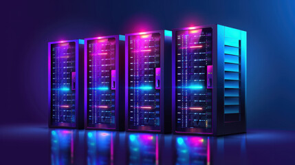Poster - High tech server racks with colorful LED lights in dark environment, showcasing modern technology and data storage solutions