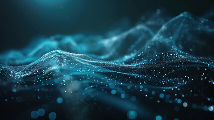 Poster - Abstract digital waves with glowing particles creating mesmerizing visual effect. image showcases blend of blue tones and light, evoking sense of depth and movement