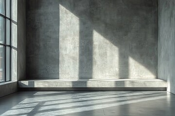 Poster - Sunlight casts dynamic shadows in an empty modern room with concrete walls and large windows