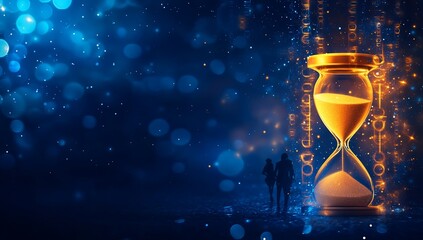 Wall Mural - Silhouetted couple observing a large glowing hourglass with digital data flowing through it against a dark blue bokeh background.