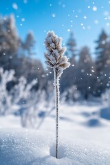 Wall Mural - frosty plant stem in snowy winter landscape.