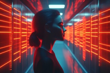 Poster - Profile of a woman against a backdrop of glowing red lines in a modern technology environment