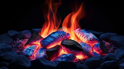 Wall Mural - embers glowing in a fire pit at night, surrounded by dark stones.