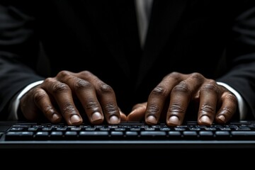Poster - Dark workspace with a business person typing on a keyboard showcasing focused productivity and modern technology
