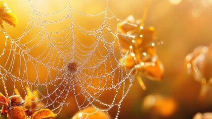 Wall Mural - Beautiful spider web in wild field with dew in morning in Spring.