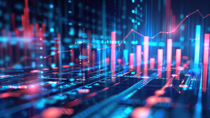 Poster - digital data visualization with glowing graphs and charts