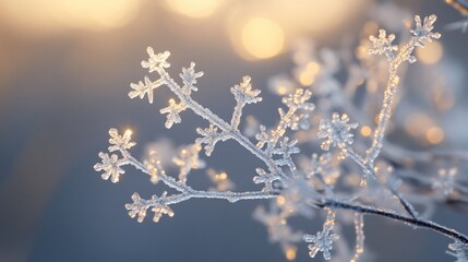 Wall Mural - close-up of frost-covered branches at sunrise, showcasing intricate ice crystals.