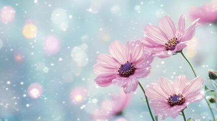 Aufkleber - Beautiful pink cosmos flowers are blooming in a magical and dreamy bokeh background with sparkling particles
