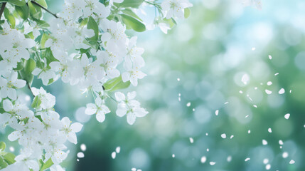 Aufkleber - White flowers blooming on a branch with falling petals in a spring garden create a dreamy and romantic atmosphere