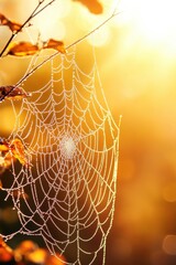 Wall Mural - Beautiful spider web in wild field with dew in morning in Spring.