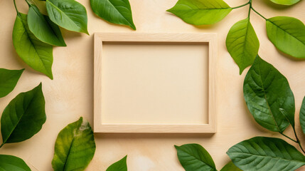 Poster - Wooden frame is surrounded by green leaves on a beige background, providing copy space for eco-friendly concepts
