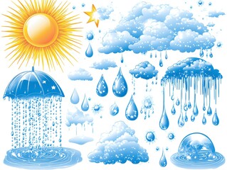 illustration showing different weather elements like sun rain and clouds