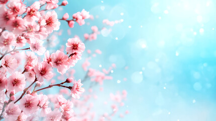 Aufkleber - Delicate pink cherry blossoms flowering on branch, soft bokeh lighting, pastel blue sky background with open space for text