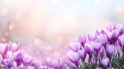 Poster - Delicate purple crocuses blooming against soft, blurred springtime landscape with dreamy bokeh