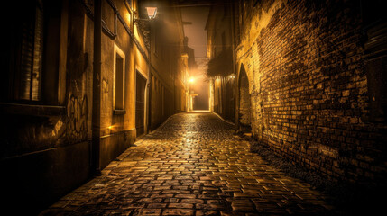 Wall Mural - quiet, illuminated cobblestone street at night, surrounded by historic buildings and warm glow from street lamps, creating mysterious and inviting atmosphere