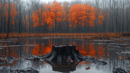 Autumn bog, with its golden hues, fallen leaves, and harmonious coexistence of decay and rebirth, showcases seasonal transformation and colorful tranquility of this wetland ecosystem