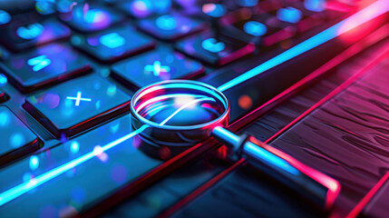 Poster - close up view of keyboard with magnifying glass, illuminated by colorful lights, creating vibrant and tech inspired atmosphere