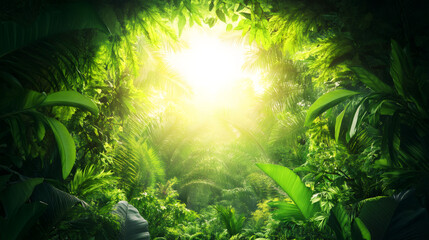 Poster - Sunlight filtering through dense tropical canopy, illuminating verdant leaves with golden warmth and creating dappled jungle landscape