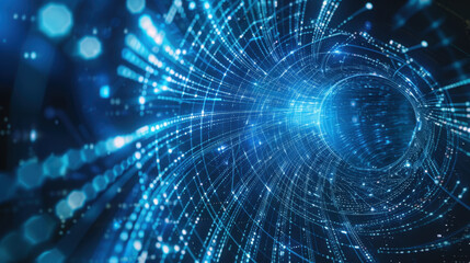 Poster - mesmerizing digital tunnel of blue light and particles, creating sense of depth and motion. Ideal for technology and science themes