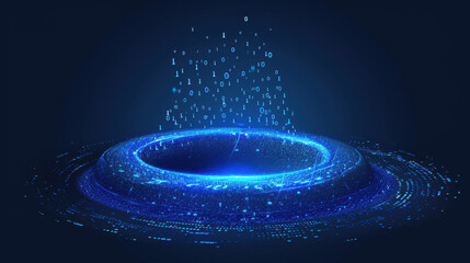 Poster - digital vortex of binary code and glowing particles, representing data flow and technology. blue tones create futuristic atmosphere