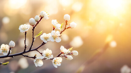 Aufkleber - Delicate white blossoms glowing under warm sunset rays, illuminating softly branching spring landscape with tranquil luminescence