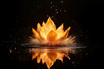 Wall Mural - Flaming lotus flower splashing into water, reflected on dark surface.