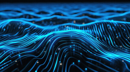 Poster - Abstract blue waves with glowing lines and dots create dynamic digital landscape, evoking sense of movement and energy in futuristic environment