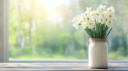 Poster - Pristine white daffodils resting in ceramic vase beside sunlit window, spring garden visible in background