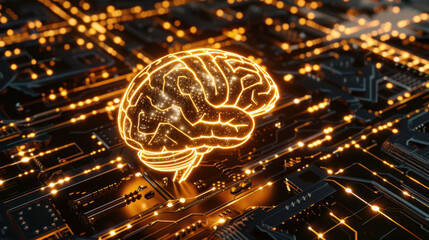 Poster - glowing brain symbolizing artificial intelligence on circuit board background, representing technology and innovation