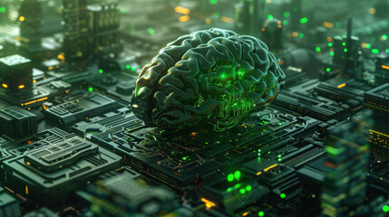 Poster - futuristic digital brain on circuit board, symbolizing artificial intelligence and technology. glowing green elements enhance sci fi atmosphere