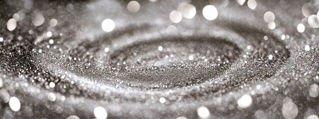 Abstract silver glitter swirl with bokeh lights, sparkling texture background.