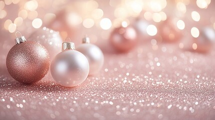 Wall Mural - Rose gold and white Christmas baubles on glitter.