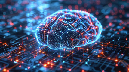 Poster - digital brain with glowing connections on circuit board background, symbolizing artificial intelligence and technology
