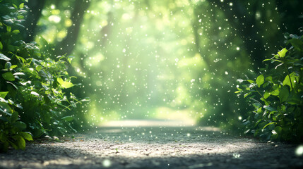 Aufkleber - Sunlight filtering through dense woodlands, path winding between mossy trees, revealing enchanting forest landscape with soft, magical glow