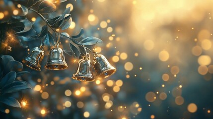 Wall Mural - golden bells hanging on a glistening branch with bokeh lights.