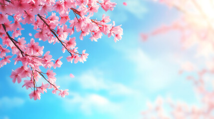 Poster - Beautiful pink cherry blossom swaying in the wind against a blue sky with some clouds, celebrating spring season