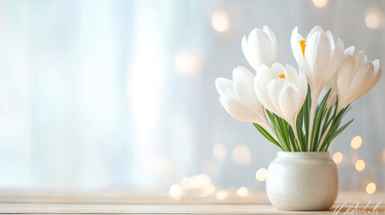 Poster - Delicate white crocuses nestled in glass vase, resting beside sunlit window with soft blurred background