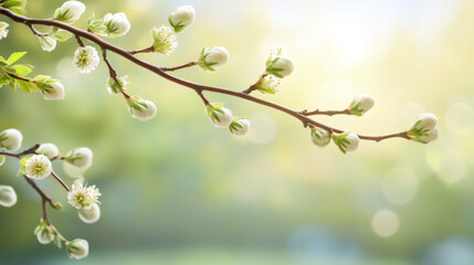Poster - Blooming white flowers on a branch create a stunning display in spring, set against a softly blurred green background