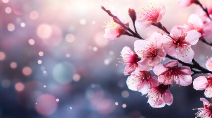 Aufkleber - Delicate cherry blossom branch displaying vibrant pink petals against soft, blurred springtime background