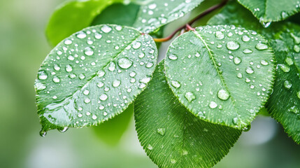 Poster - Close-up of water droplets clinging to vibrant green leaves after a refreshing rain, creating a beautiful natural display