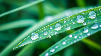 Poster - Glistening morning dew resting on blades of grass, creating a serene and tranquil natural scene filled with vibrant freshness
