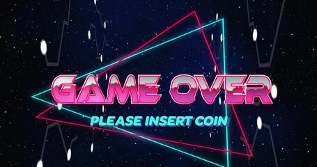 Poster - Animation of retro neon Game Over text with Please Insert Coin in starry background