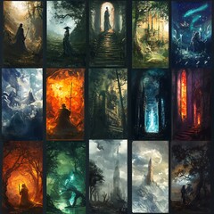 Wall Mural - collection of fantasy landscape paintings depicting various scenes, including forests, mountains, fi
